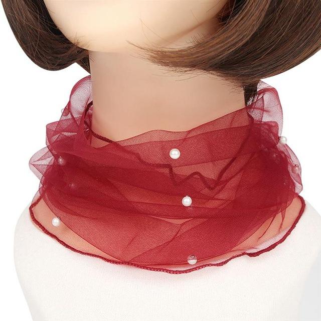 1pc Elegant Transparent Women Ladies Scarf Fake Pearl Decor Mesh Necklace Scarf Circle Scarf For Autumn Clothing Accessories