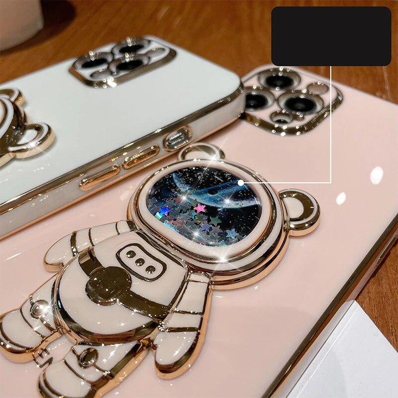 Чехол с 3D зыбучим песком и космическим медведем для Redmi Note 13 4G 5G, гальванический мягкий силиконовый милый чехол-кронштейн для Xiaomi Redmi Note 13 Pro Plus 12 Pro 11 10