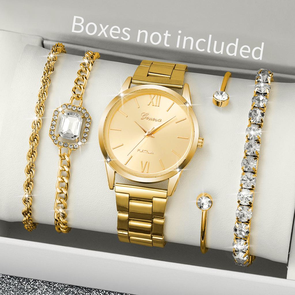 5 шт./набор Женские роскошные часы Тренд Простые элегантные кварцевые аналоговые часы Инкрустированный бриллиантами браслет(Коробка не входит в комплект)