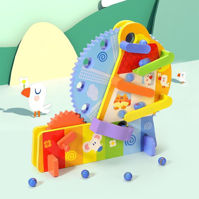Kids Wooden Roller Ferris Wheel Toy With Multicolor Track And Block Set For Gift