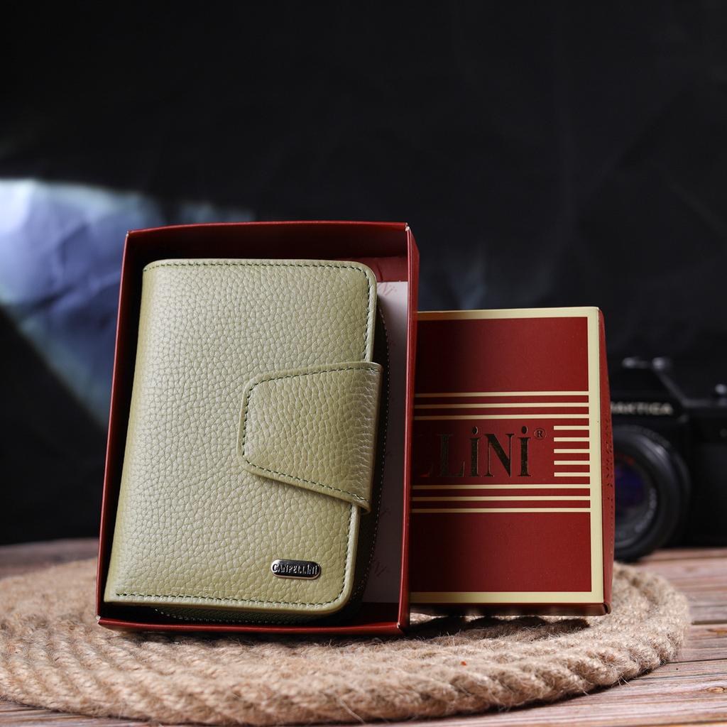 Практичное женскон портмоне с монетницей на молнии из натуральной кожи флотар CANPELLINI Wallet 21604 Оливковое