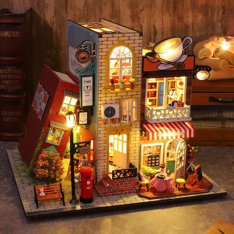 DIY Wooden Book Nook Shelf Insert Kit Chinese Street View Bookends Miniature Building Kits Bookshelf Doll Houses Friends Gifts