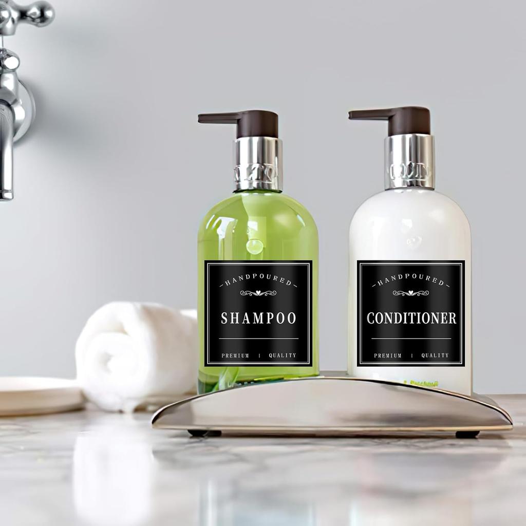 12PCS Bathroom Labels for Soap Dispenser, Removable Bathroom Organization Labels, Waterproof Bottle Labels for Shampoo Conditioner Body Wash (Black)