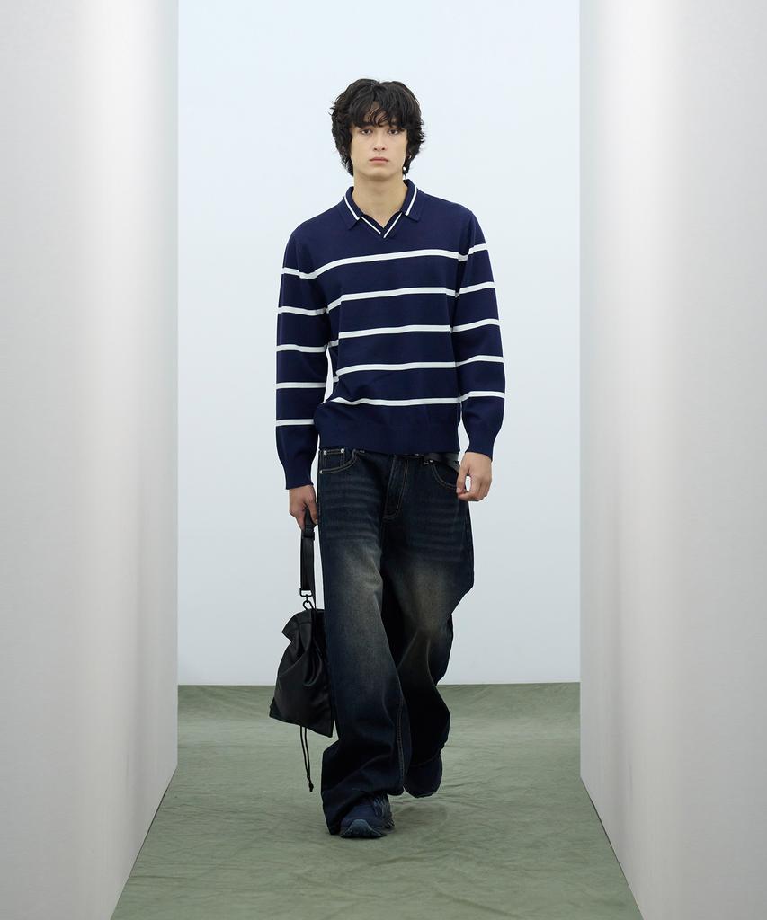 IRONYPORNO WHITELINE 86-Iroj365 Open-Neck Striped Long-Sleeve Knit Blue