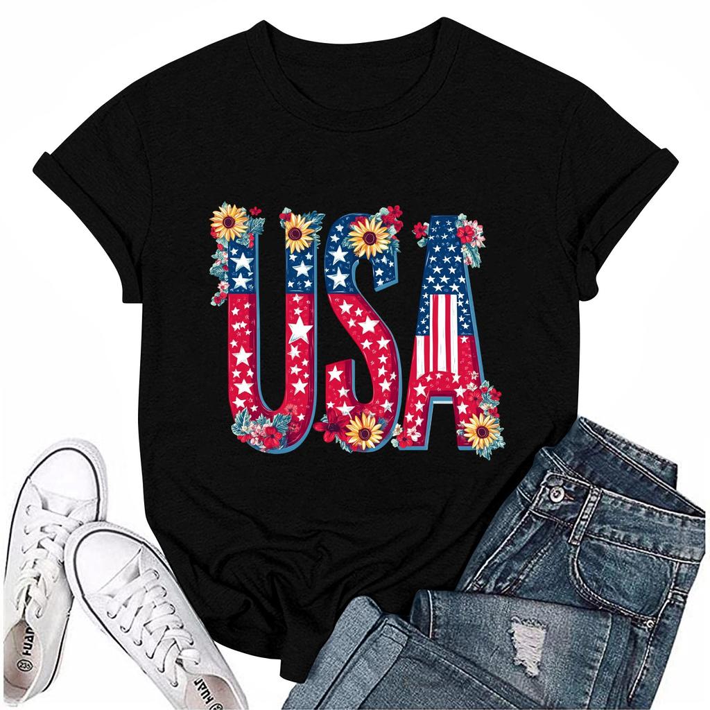 Women's Round Neck Casual Independence Day Printed Short Sleeve T-Shirt Top