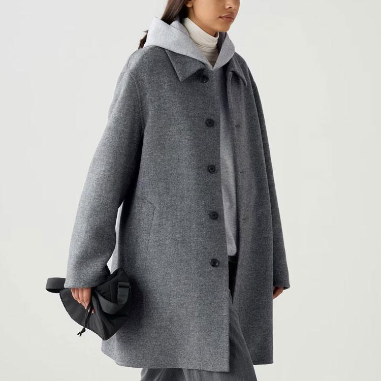 Uniqlo Серия C Однобортное Изысканный Дизайн Карманов Двустороннее Шерстяное Пальто со Скошенным Плечом Средней Длины Мягкое Унисекс пальто 470116-05
