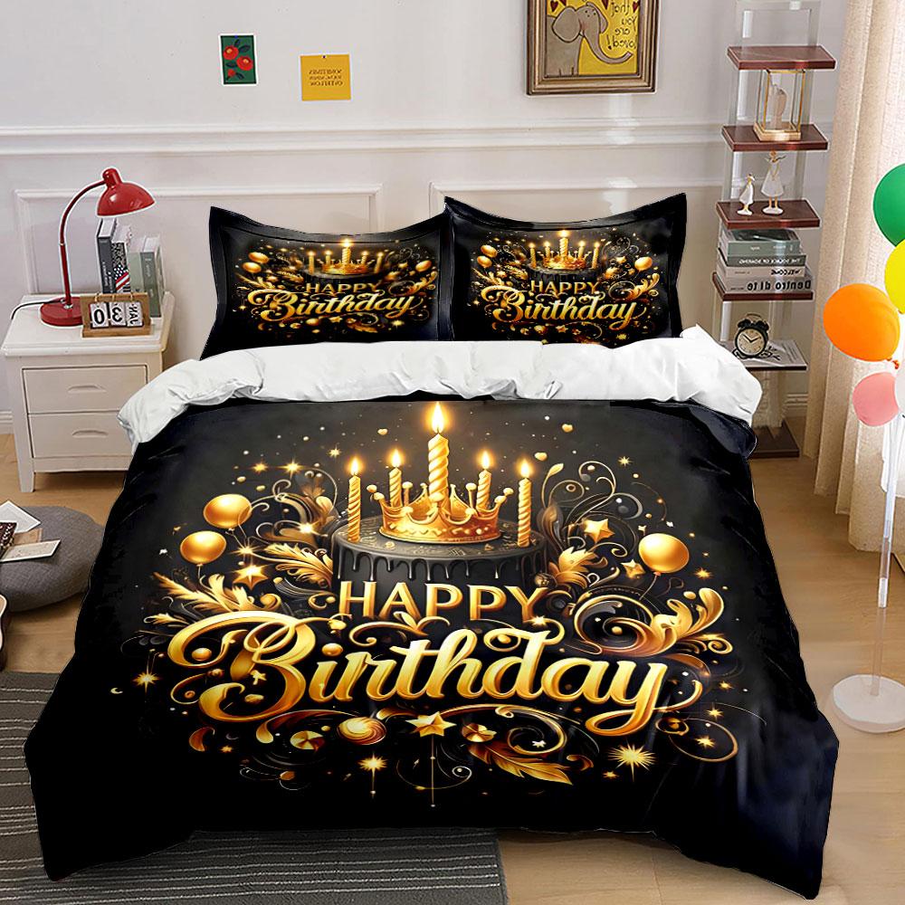 Golden Happy Birthday Design Bedding Duvet Cover Set Duvet Cover Pillowcases (1*Duvet Cover 2*Pillowcases, without duvet insert)