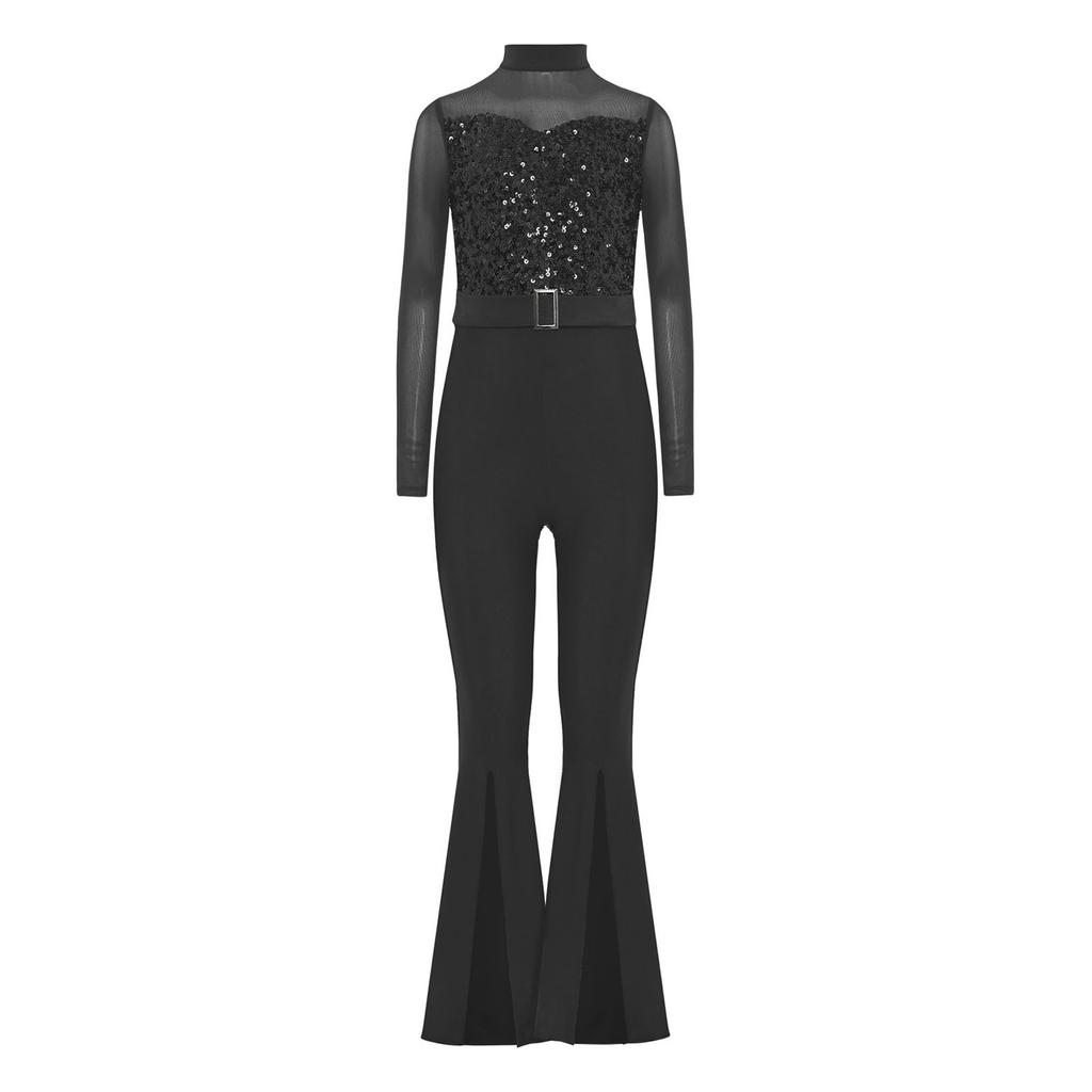 Костюм для джазового танца для девочек, комбинезон с длинными рукавами и вырезом на спине из прозрачной сетки, расширяющийся книзу, с пайетками
