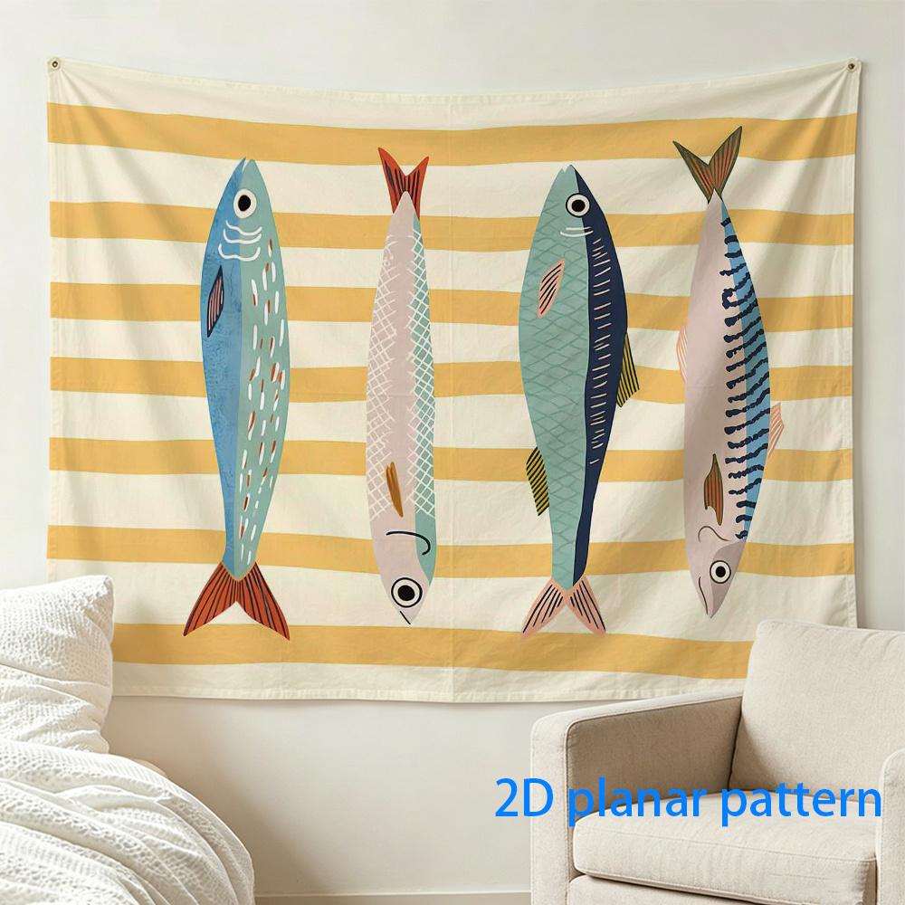 Aesthetic Tapestry Fish Pattern Nautical Coastal Stripes Boho Ocean Wall Hanging Home Decor Art Decor