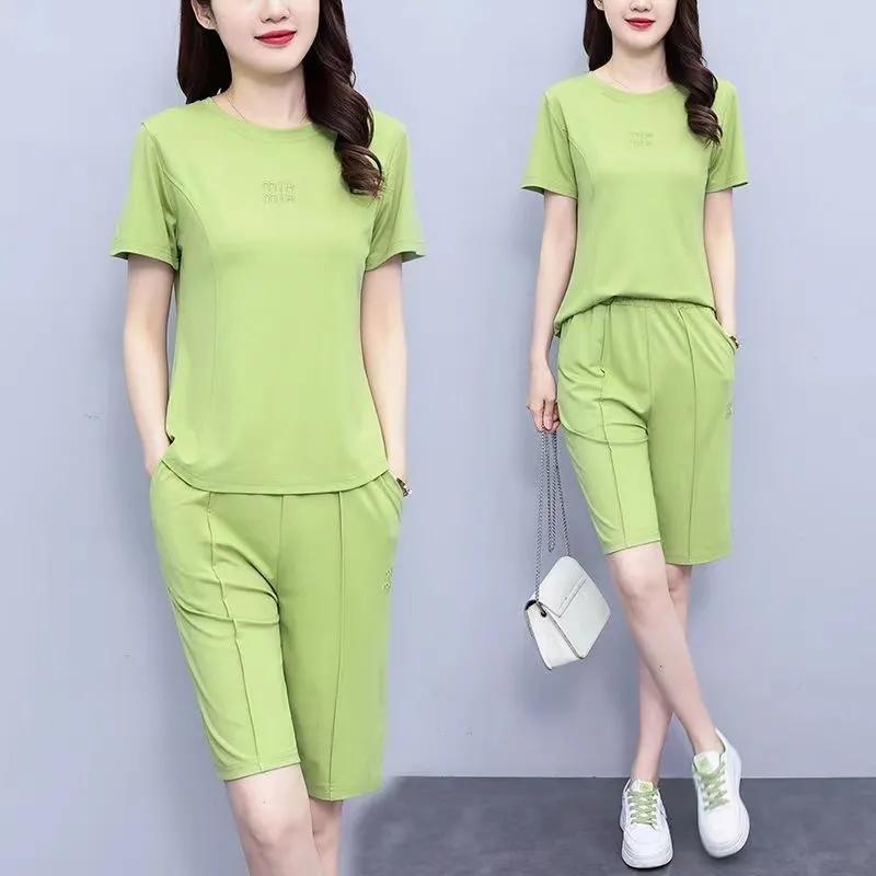 Женский летний повседневный спортивный костюм с круглым вырезом и коротким рукавом, комплект из двух предметов + брюки