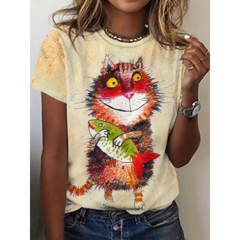Women's T-Shirt Cat Print Design Harajuku Casual Short Sleeved Top Fashionable Trend Plus Size Women's Clothing
