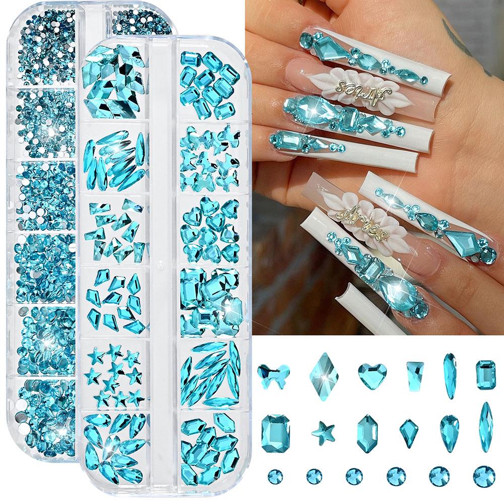 12grids 2boxes Sparkle Lake Blue Crystal Nail Rhinestones SS4-SS16 Round Beads Nail Gemstones Multi Shapes Glass Flatback Nails
