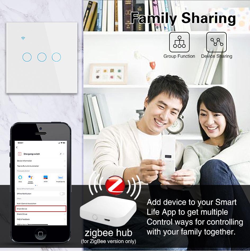 Умный выключатель Zero Fire Тип 86 Zigbee: Стальная или стеклянная панель, Пульт с голосовым управлением Alice.
