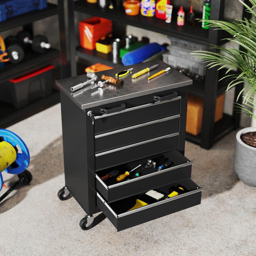 Rolling Steel Tool Cabinet Toolbox with 5 Drawers, Silver and Black