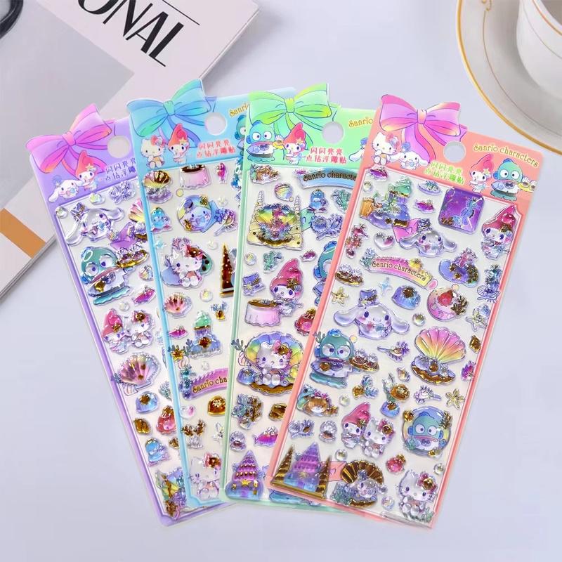 4 Pcs Hello Kitty Kuromi Melody 3D Relief Stickers Set for Kids Guka Decorative Diamond Stickers Mixed Animation Derivatives
