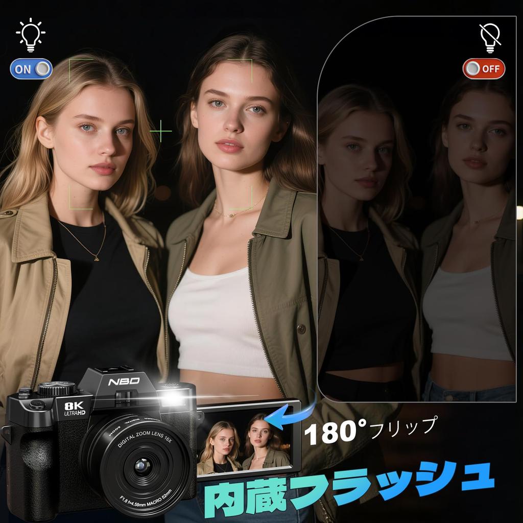 NBD 8K Digital Rotating 16x Zoom Camera, 64MP, Autofocus, F1.8 Lens, 180° Monitor, Wi-Fi, (Black)