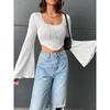 Women's New Solid Colour U-neck Exposed Navel Thin Fashion Flare Long-sleeved Top Sexy Short T-shirt