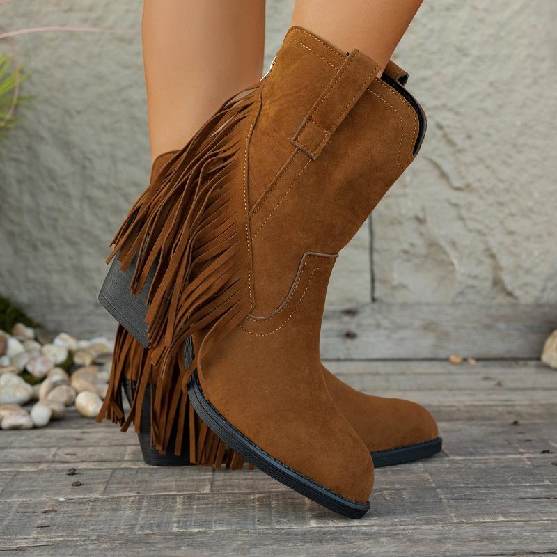 Модные женские ботильоны, модные слипоны на танкетке, женские ботинки в западном стиле с острым носком, женские ботинки на массивном каблуке с кисточками, новинка