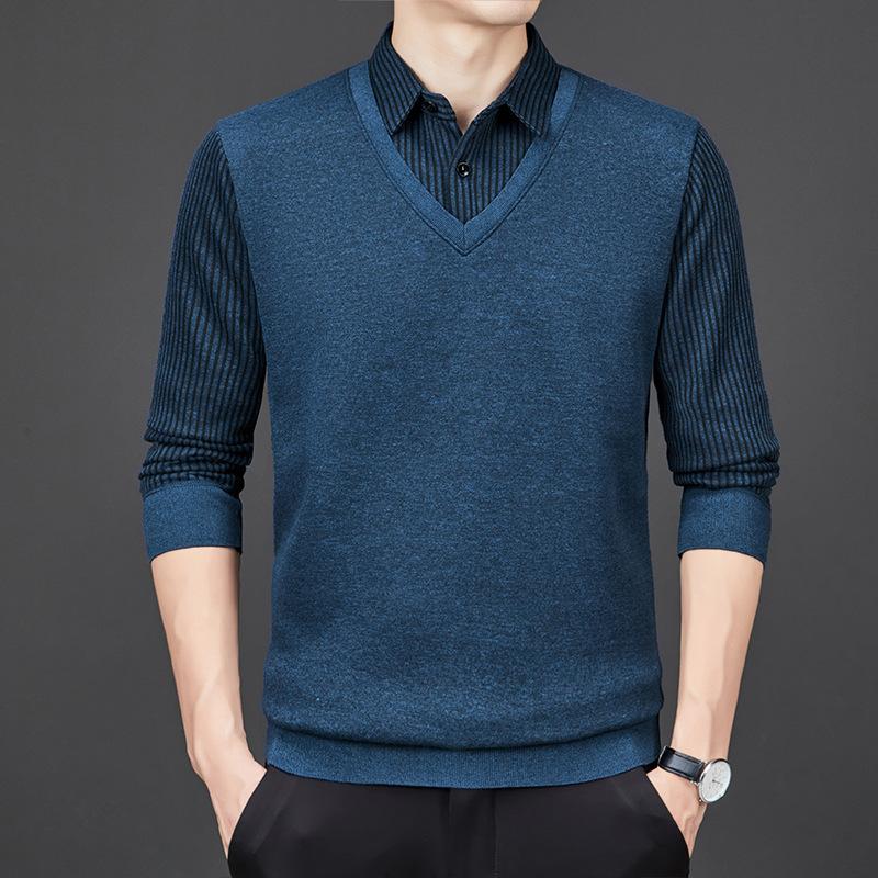 Fake Two-piece Sweater Men's Shirt Collar Long-sleeved Men's Velvet Thickened Winter Warm Top Bottoming Men's Sweater
