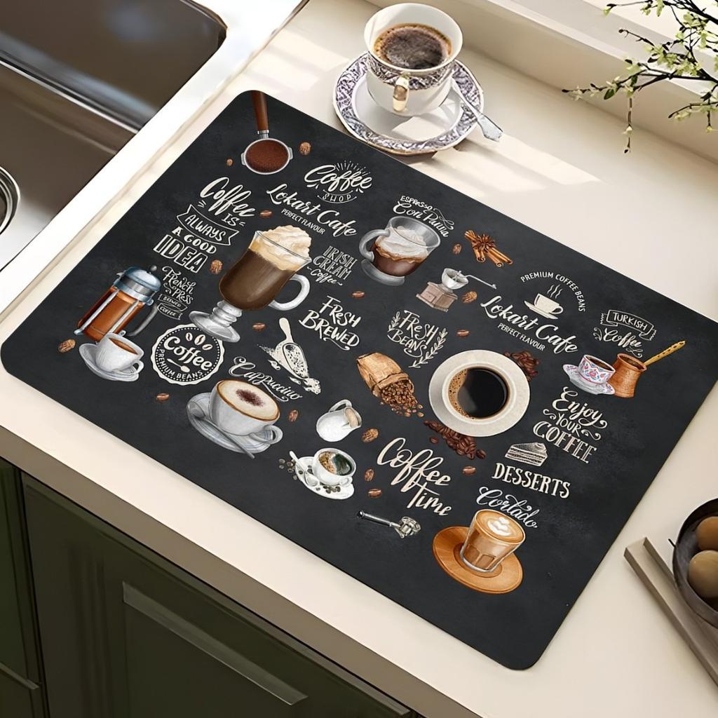 Классический кофейный дизайн Коврик для сушки посуды Мягкая резина Нескользящий Впитывающий Полиэстер Устойчивый к пятнам Для кухни Кофейный бар Столешница