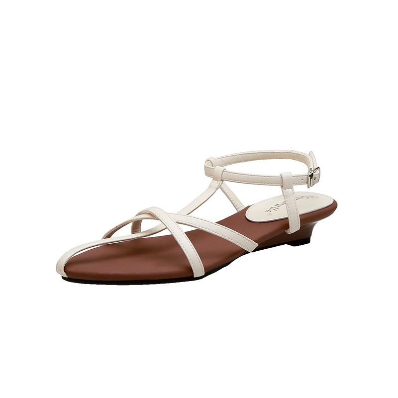 Французские ремешковые сандалии женская обувь 2025 темперамент острый носок танкетка универсальный простой стиль слово с темпераментом сандалии на плоской подошве