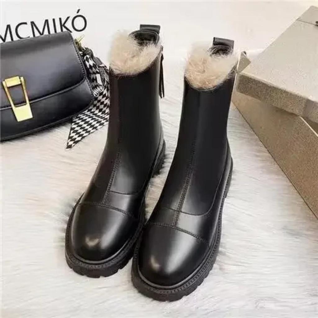 Fashion Leather Snow Boots for Women  New Waterproof Warm Plush Woman Shoes Punk Style Elegant Comfortable Cotton Booties