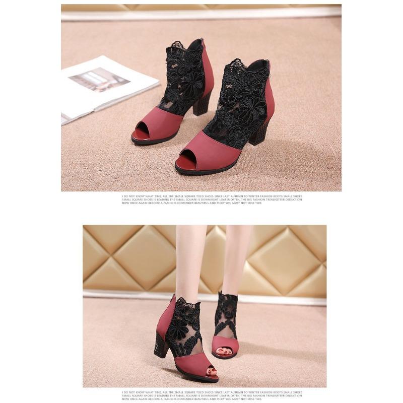 Женские летние и осенние новые сетчатые полые сандалии с рыбьим носком, большого размера, на толстом каблуке, дышащие, кружевные туфли на высоком каблуке