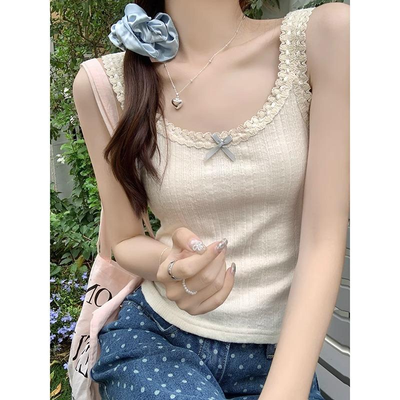 Чистый похотливый кружевной бант из ледяного шелка, тонкий, летний новый жилет на подтяжках 2024 года, милый утягивающий топ
