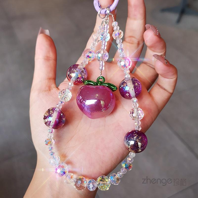 Purple peach pendant, crystal mobile phone lanyard ins women's bracelet, premium wrist pendant, beaded chain short.