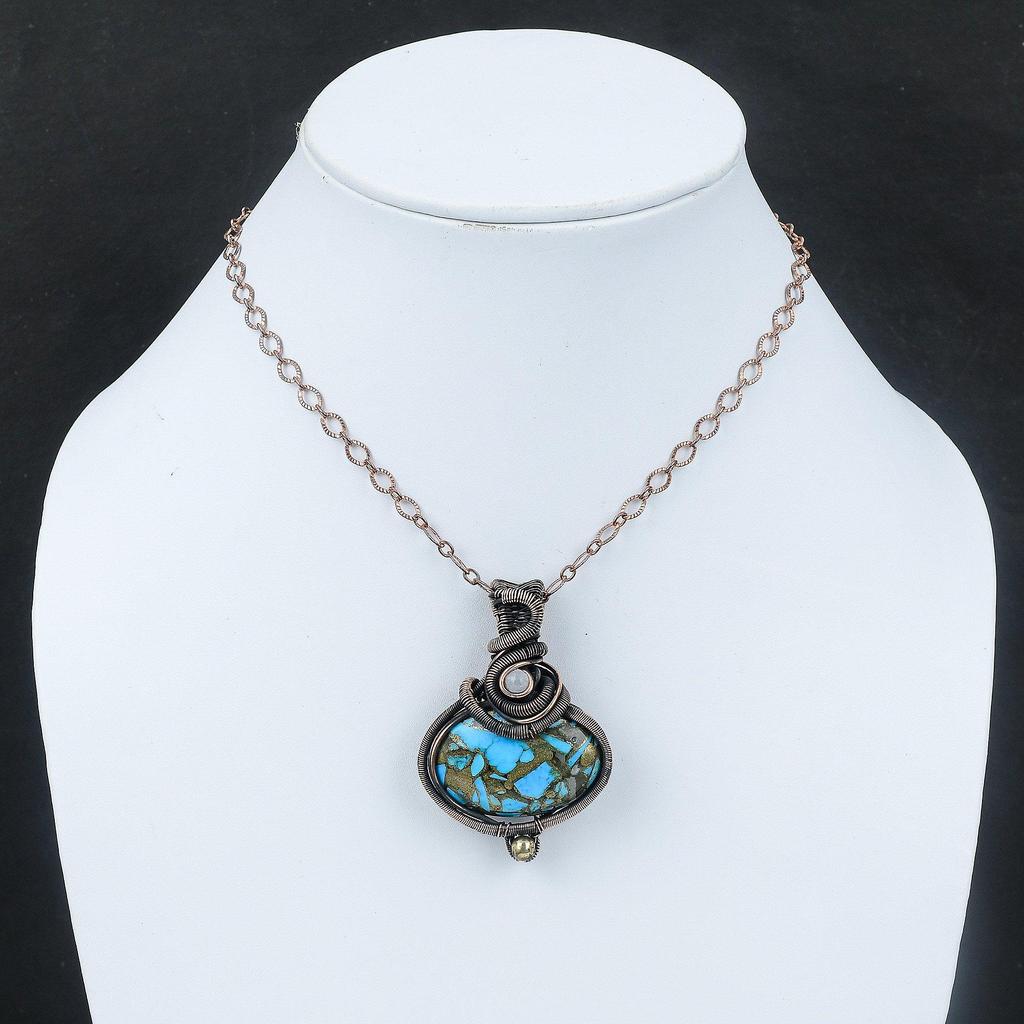 Медно-голубая бирюзовая подвеска, медная проволока, обернутая ювелирными изделиями, радужная подвеска с лунным камнем, драгоценные камни, подарочные украшения, ручная работа, медная проволока