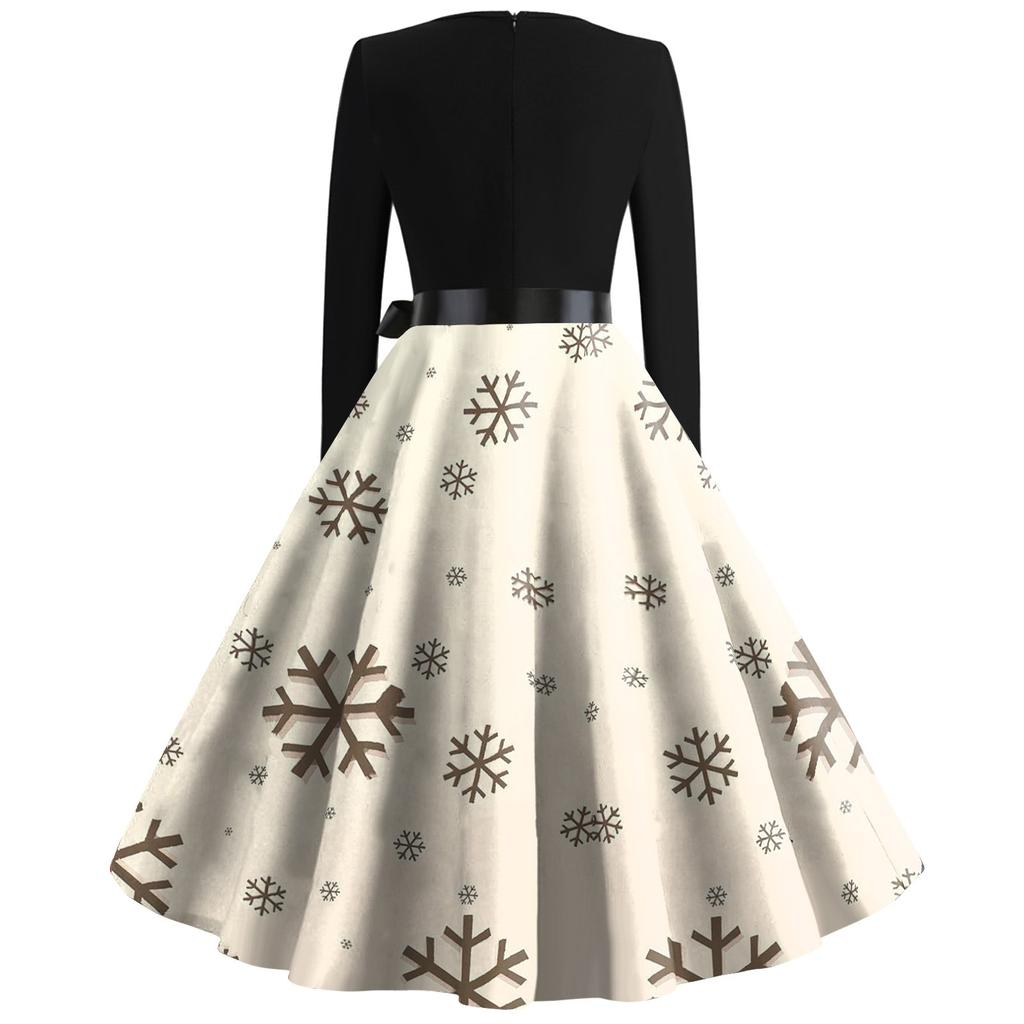 Женские рождественские повседневные модные винтажные платья с квадратным вырезом и длинными рукавами с принтом