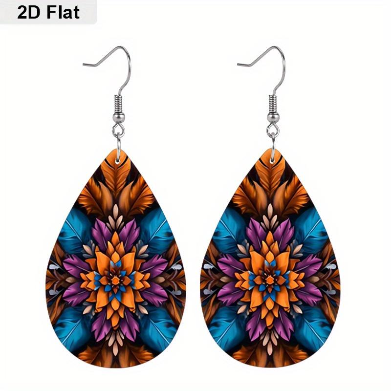 Chic Boho Mandala Floral PU Drop Dangle Earrings for Women, Meditation Theme Colorful Double Sided Hoop Earring, Holiday Party Accessories