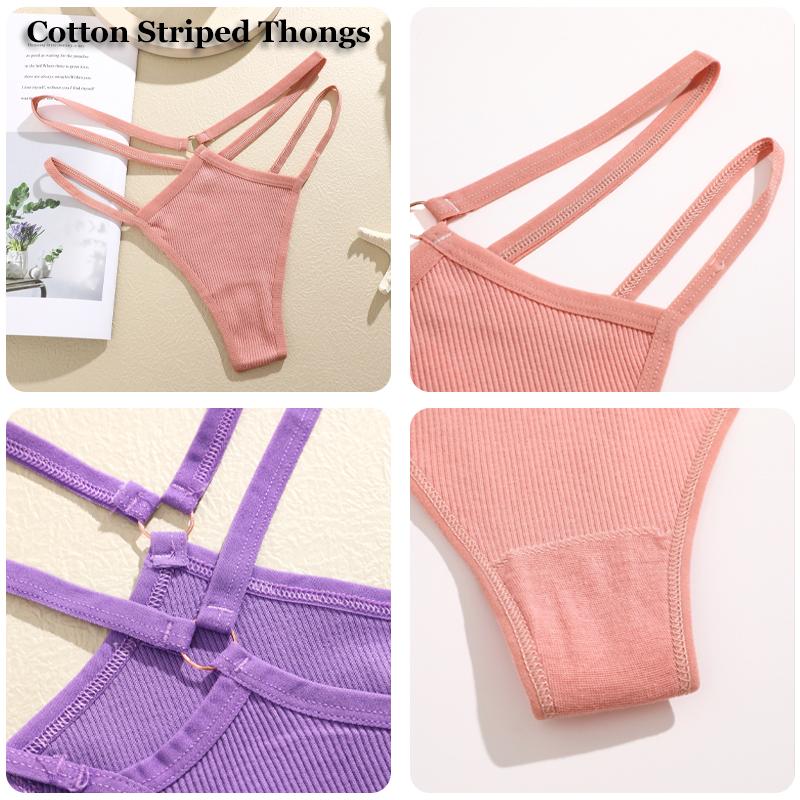 FINETOO 6Pcs Cotton Double Belts Underwear Women Sexy Metal Ring Thongs Low Waist Erotic Lingerie Breathable Comfort Intimates