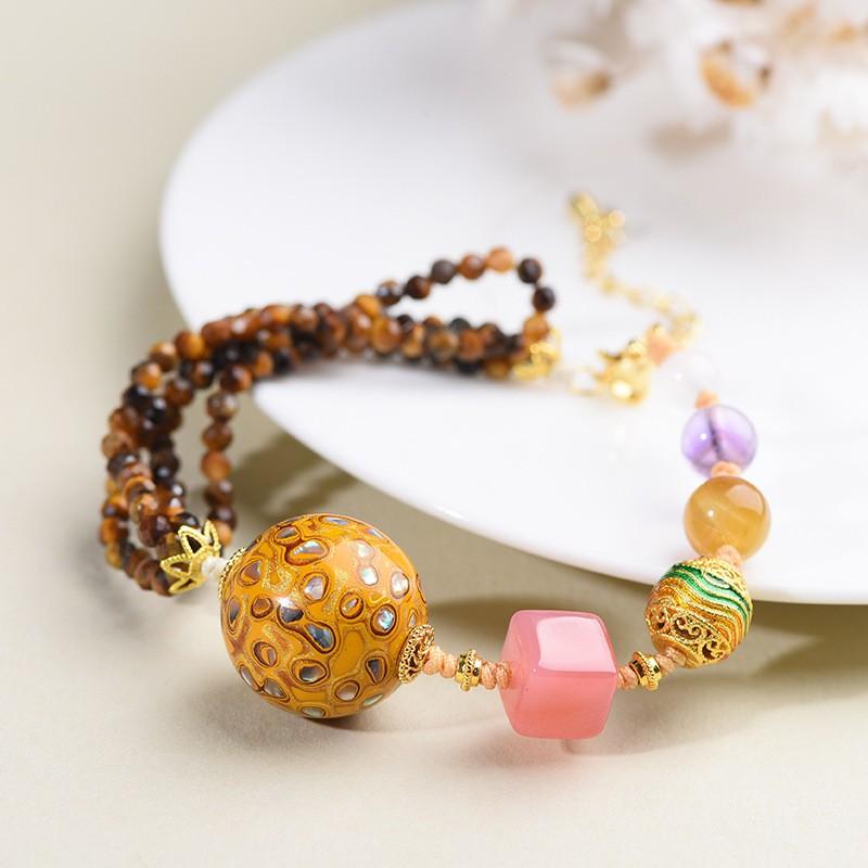 New Chinese Style Handwoven Lacquer Bead Bracelet Tiger Eye Stone Vintage Jewelry Women