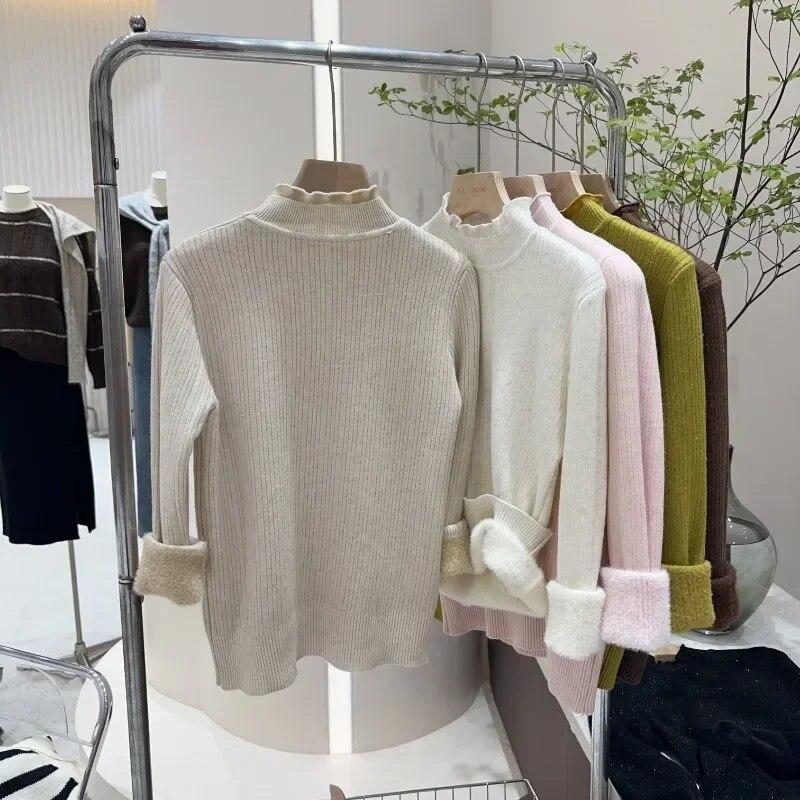 Осенне-зимние толстые плюшевые бархатные свитера, женские кружевные вязаные джемперы с полувысоким воротником, повседневные однотонные теплые пуловеры 29787