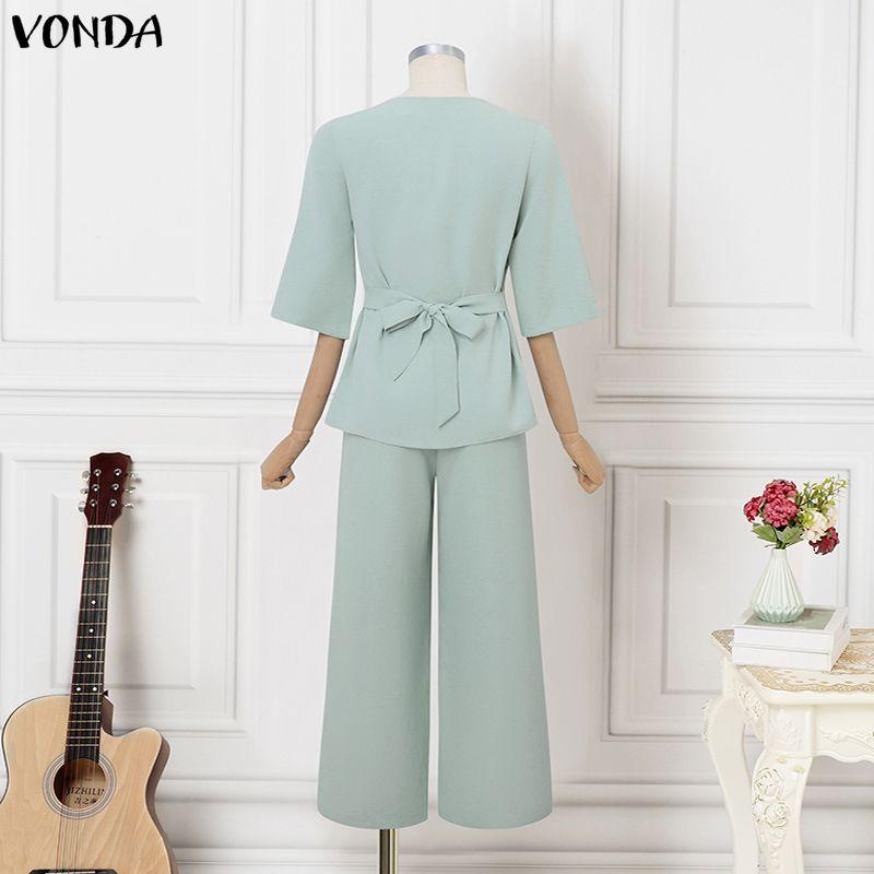 VONDA 2 шт. Женский костюм-двойка с блузкой с 3/4 рукавом и брюками, повседневный элегантный