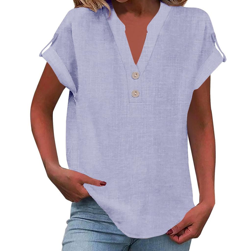 Women's Fashion Casual Solid Colour V-Neck Short Sleeve Button Down Shirt T-Shirt Top