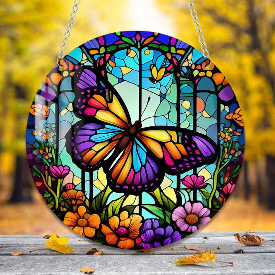 Round Stained Glass Style Window Hangings 5.9 Inch Colorful Sun Catcher with Chain for Indoor Outdoor Decor Light Reflection Artistic Gift