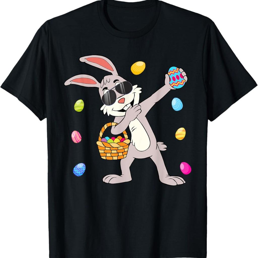 Dabbing Easter Bunny With Sunglasses Holding Basket Graphic T-Shirt Casual Round Neck Tee for Boys Girls