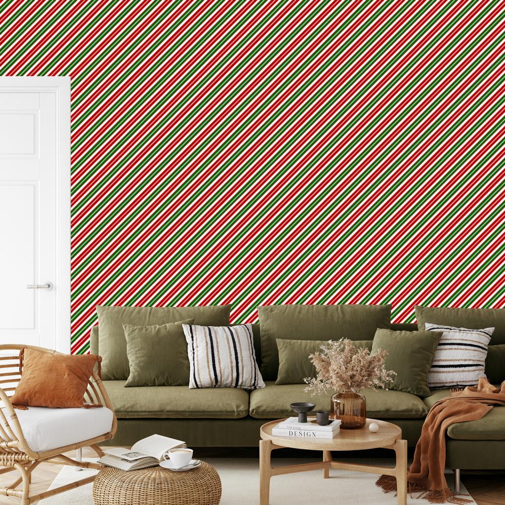 Christmas Stripes Wallpaper Red, Green and Beige 50x1000