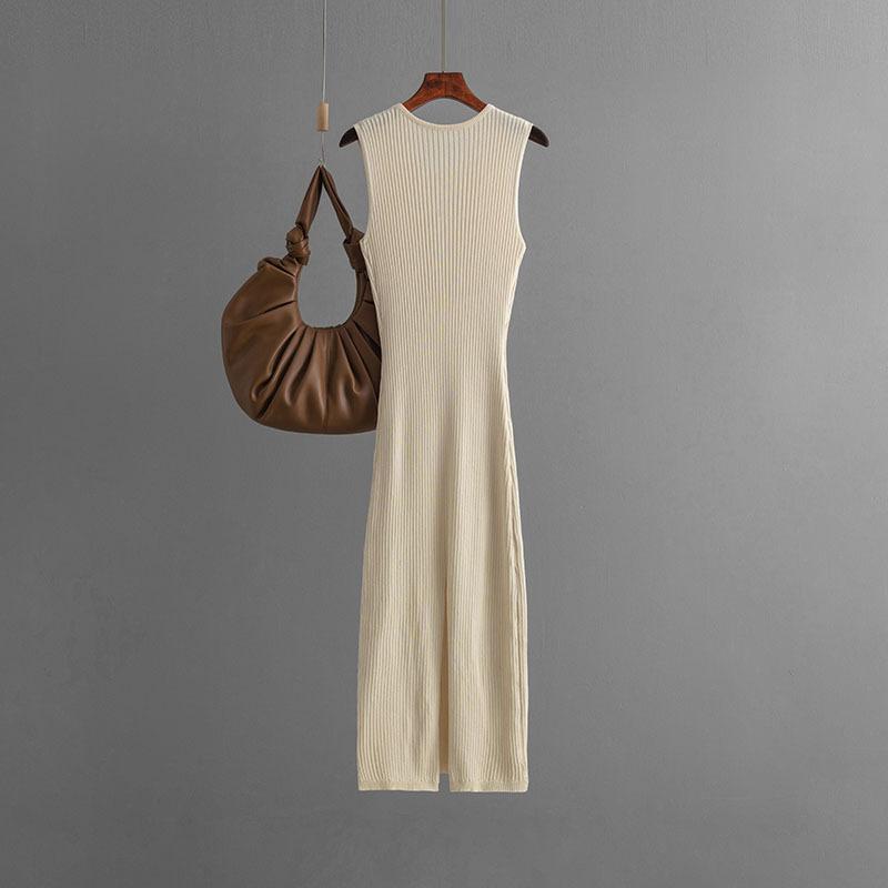 New Vintage Dress Senior Ice Silk Sleeveless Round Neck Slim Knit Mid-length Summer Sexy Base Dress