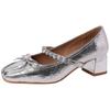 French bow thick heel high heels women's summer 2025 new rhinestone square head single shoes shallow mouth Mary Jane shoes