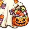 Wood Craft Decoration Halloween Cute Bow Ghost Door Sign, Wooden Patchwork Hanging Plaque with Pumpkin Candy Basket, Rustic Seasonal Sign Retro
