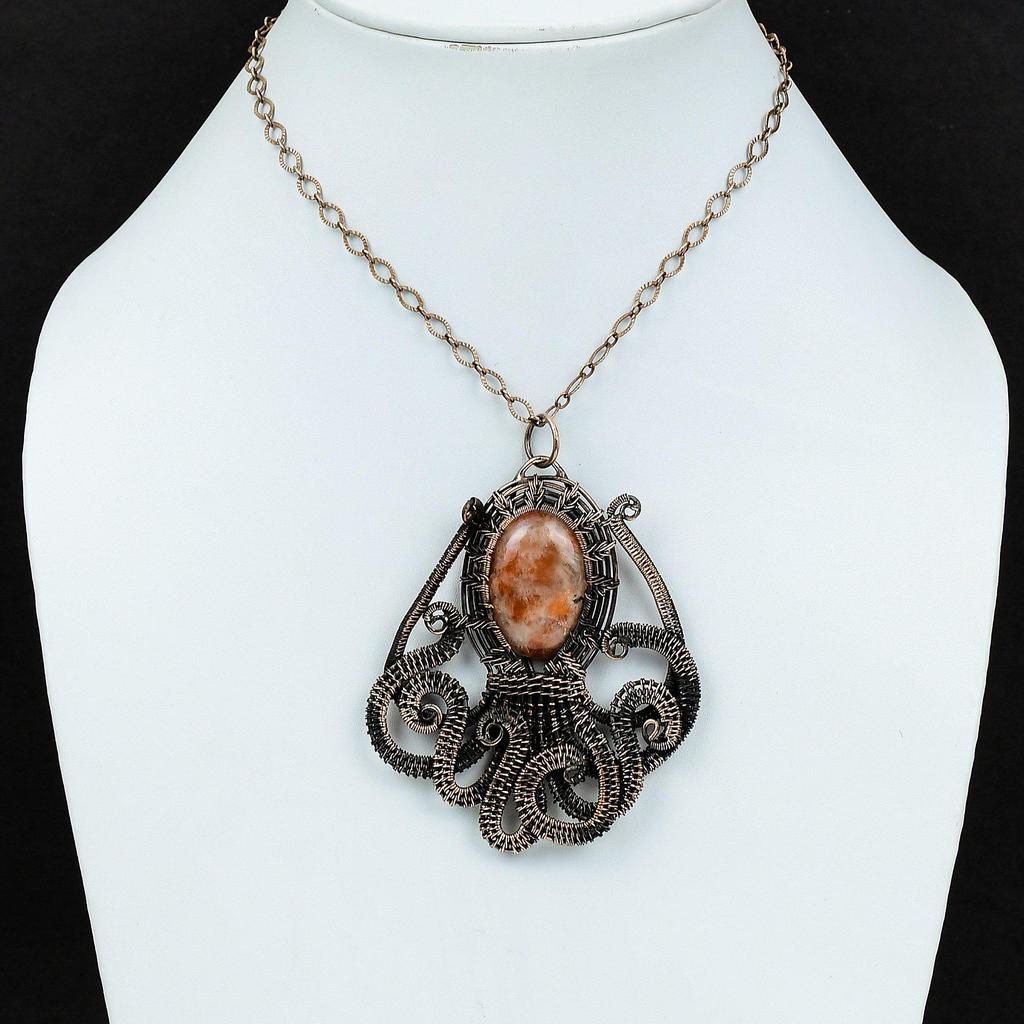 Кулон из солнечного камня, кулон, обернутый медной проволокой, кулон с драгоценным камнем, кулон в виде осьминога, украшения, обернутые проволокой, кулон ручной работы, медные украшения, подарки на годовщину