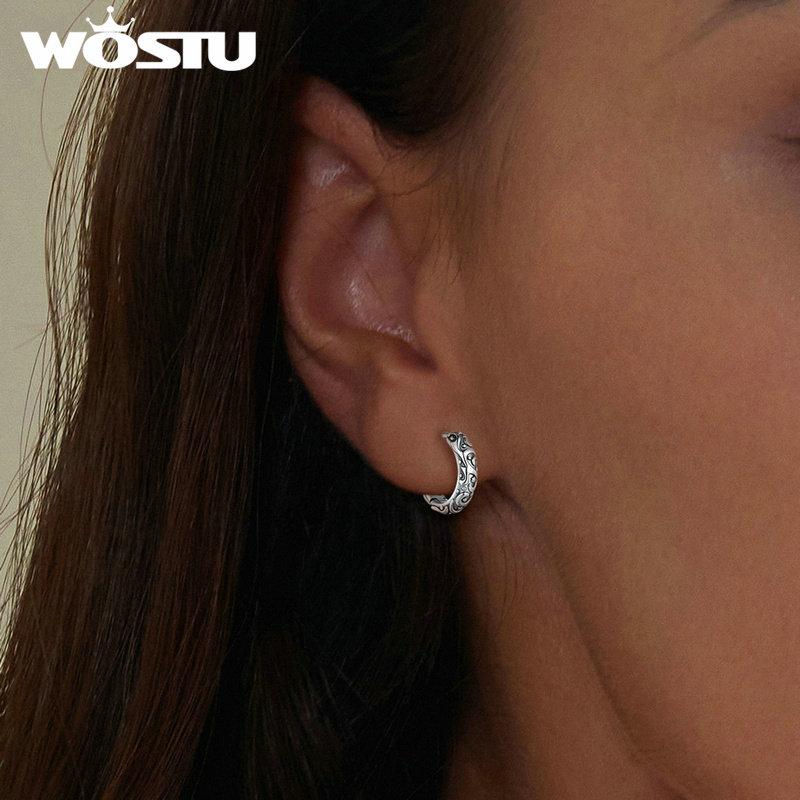 WOSTU 925 Sterling Silver Vintage Pattern Hoop Earrings Women Classicial Round Wedding Party Earring Pendientes Anniversary Gift