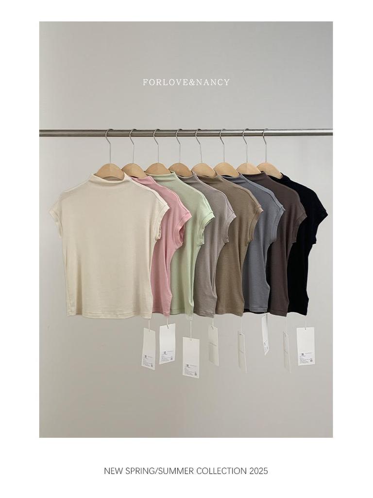 Love & Nancy 2025 Весенняя утягивающая футболка с короткими рукавами и высоким воротником