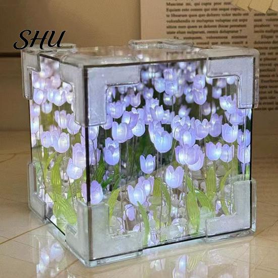 Flower Night Light Handmade DIY Tulips Cube Mirror Lamp Soft Glow Easy to Install Romantic Desktop Decoration Tulip