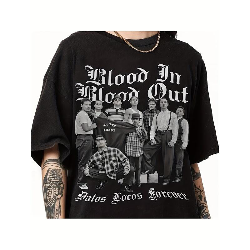 Men's Vintage 90s Blood In Blood Out BIBO & Datos Locos Forever Print T-Shirt - Heavy-Duty Retro Gang Film Graphic Tee, Chicano Streetwear Top, Loose