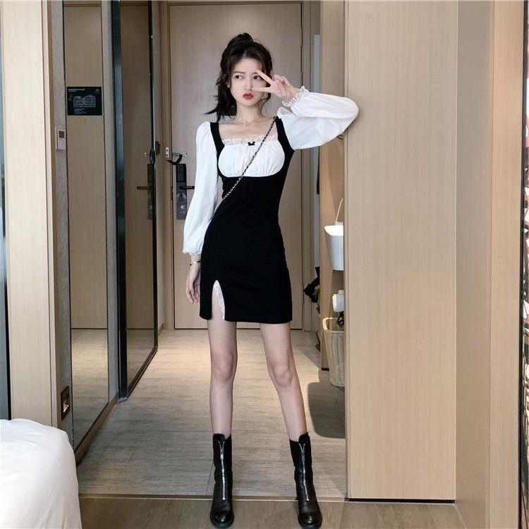 Контрастное платье с квадратным вырезом и кружевными рукавами с разрезом на талии для похудения