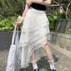 White Lace Trim Midi Skirt for Women - Summer Asymmetric Hem Tiered Cake Skirt with Ruffle Details